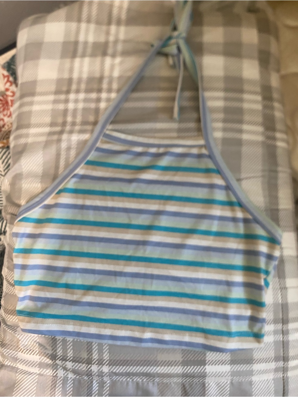 Striped Halter Crop Top in Light Blue, Teal & White